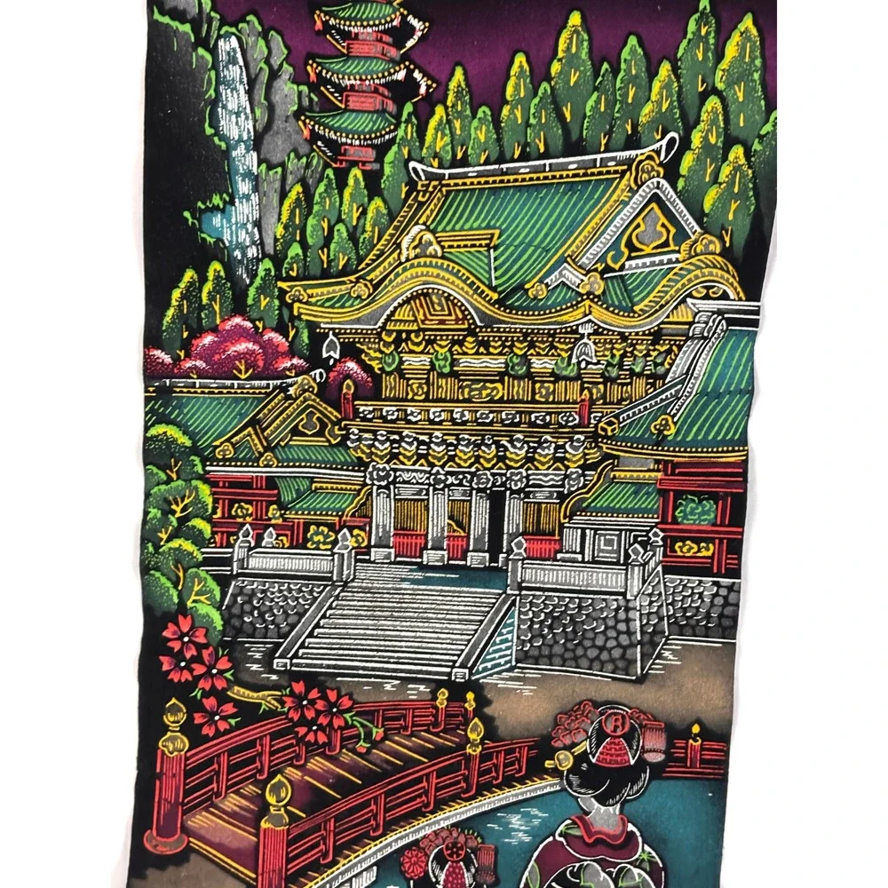 Vintage Japanese Velvet‎ Wall Hanging Scroll Mount Fuji Pagoda Geisha Temple Art